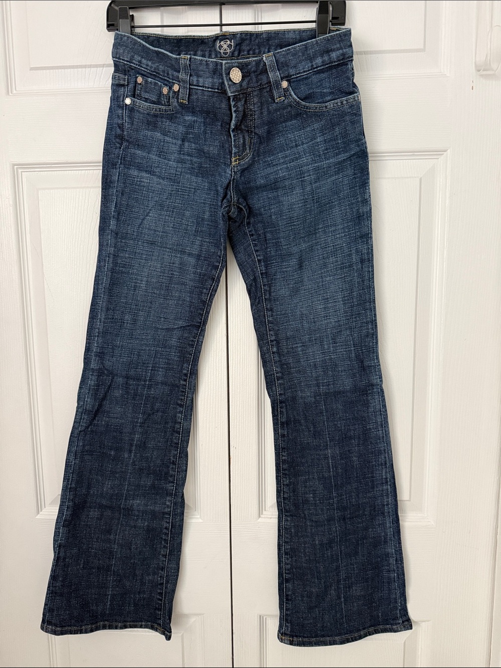 Bebe Womens Vintage Low Rise Bootcut Dark Blue Fading Jean Size 29P Denim Y2K